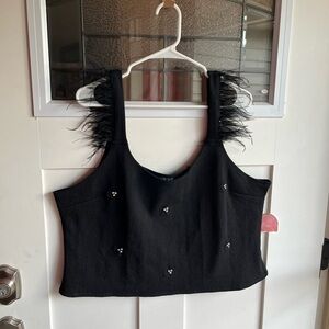 ARULA nwt black crop top with feather accents